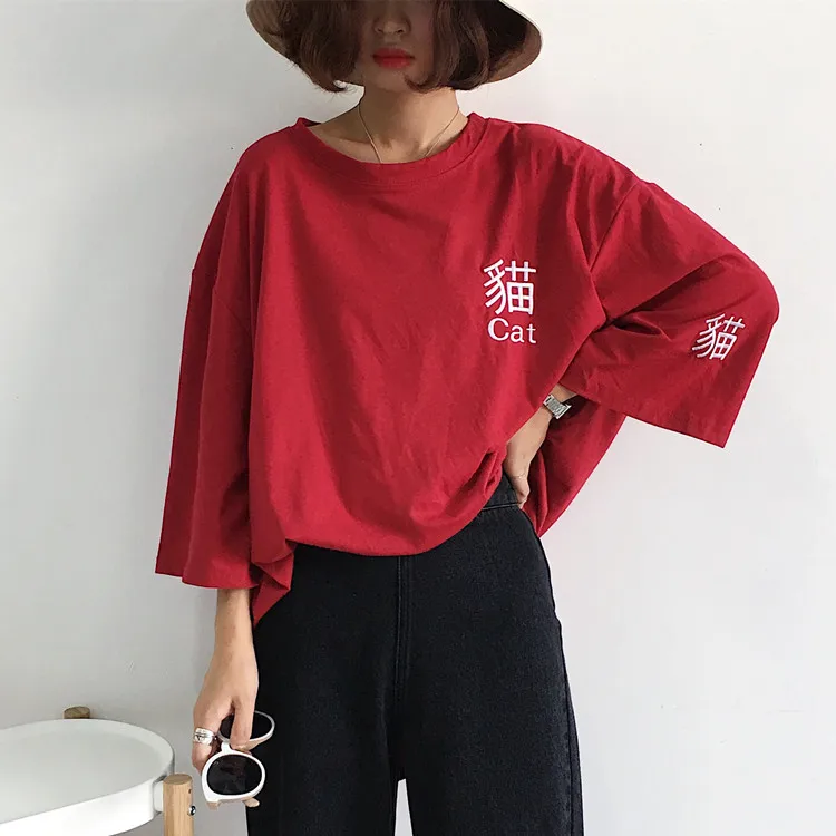 Summer Korean Ulzzang Female Kawaii Long T-shirt Japanese Harajuku Fashion Casual Cat Tees Tops Women Chic Vintage Red T Shirts | Женская