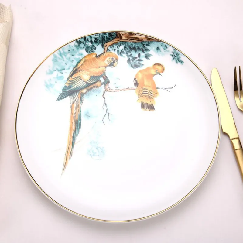 Обеденная тарелка круглая тарелка Assiette костяного фарфора тарелка поднос для еды с золотыми полями животный Лес Серия столовая посуда китайский набор для рисования чернилами