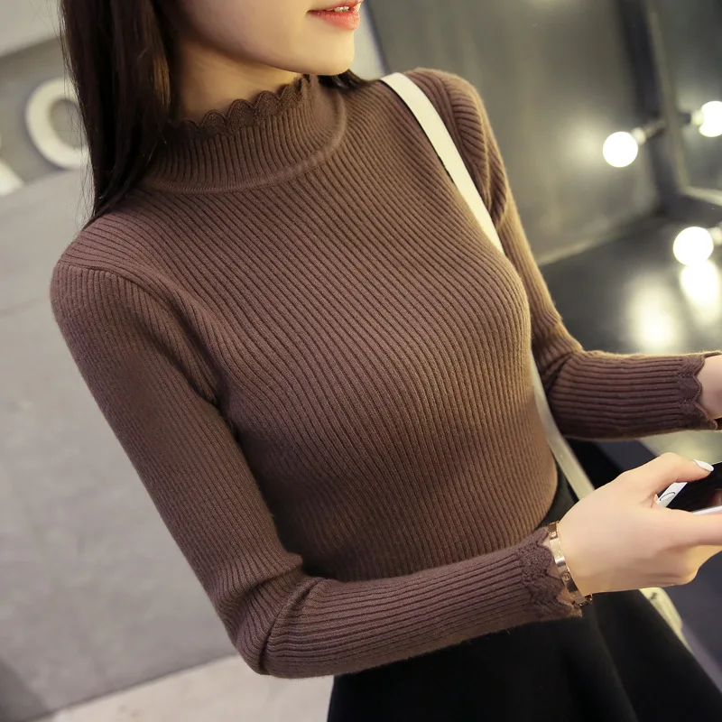 2018 Korean winter sweater female half turtleneck sleeve head bottoming shirt short thick thin slim color thread | Женская одежда