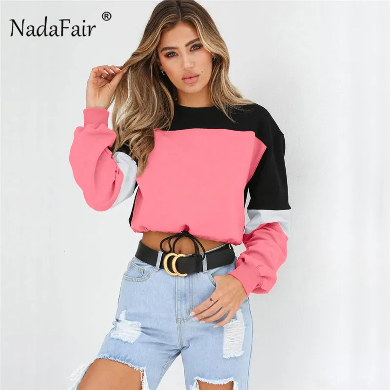 Nadafair, Цветные Лоскутные Свободные повседневные толстовки, женские свитшоты, Осенние сексуальные укороченные топы с эластичной талией, уличная одежда, Sudadera Mujer