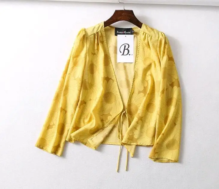 JuneLove 2019 New summer autumn women long sleeve cherry dot sunflower print kimono cardigan chiffon tops lace up blouses |