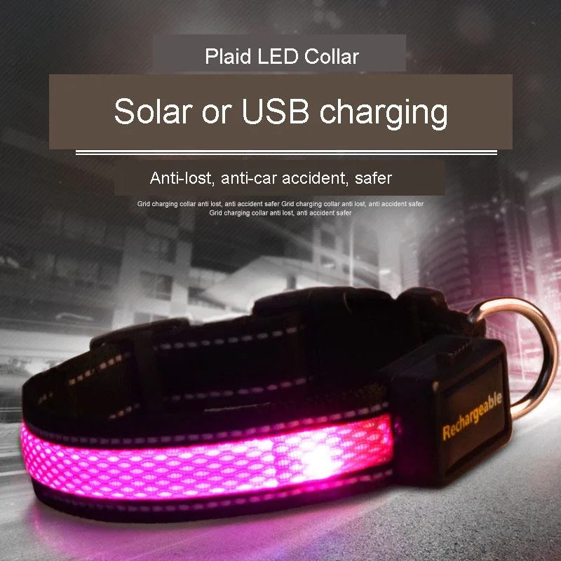 Клетчатый нейлоновый светодиодный ошейник для собак с зарядкой через USB