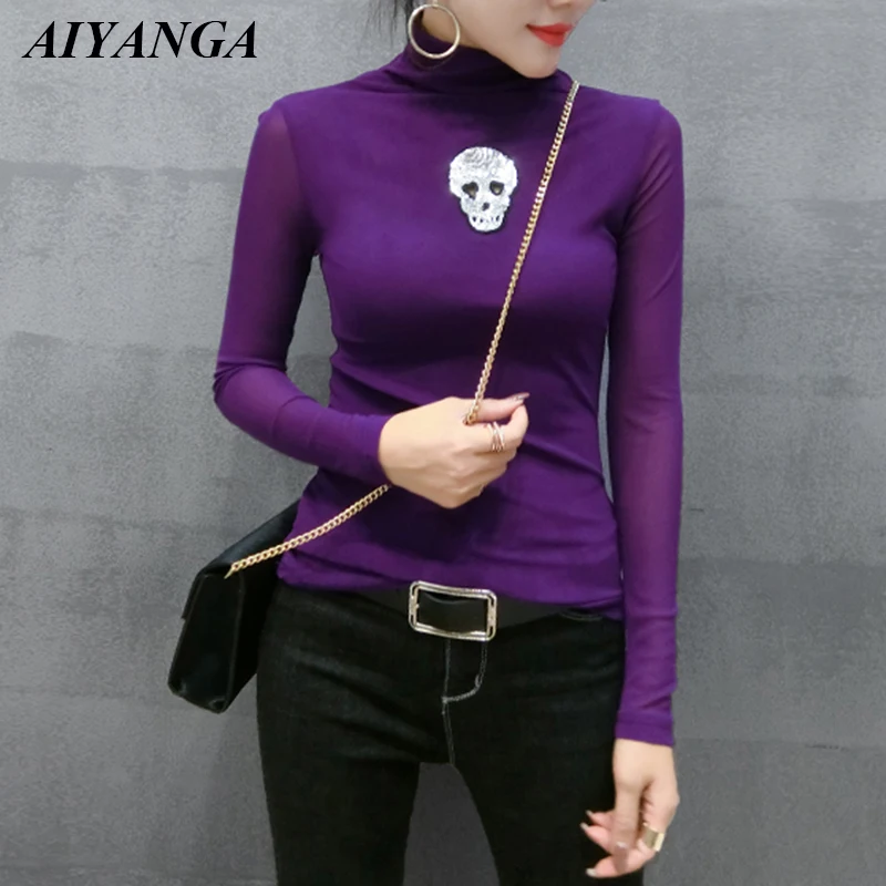 

Personality Long Sleeve T-Shirts Women 2018 Autumn Winter Under Shirt Tops Ladies Turtleneck T-shirts Slim Mesh T Shirt Tops