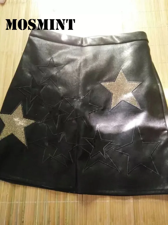 MOSMINT Shiny Stars Embroidery PU Leather Skirt Women 2017 Autumn Retro Vintage High Waist A-line Short Mini with Lining |