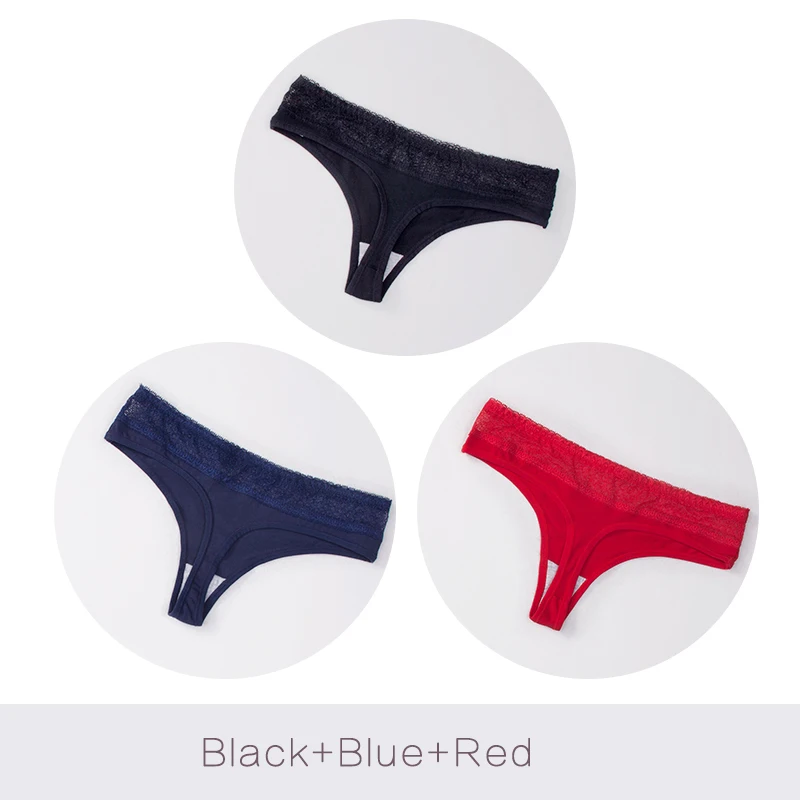 Black Blue Red Трусики-стринги, хлопковое сексуальное кружевное нижнее белье, женские трусы, трусики, нижнее белье, стринги, дамское бикини с Т-образным вырезом сзади, женские DULASI, 3 шт./лот - Цвет: Black Blue Red