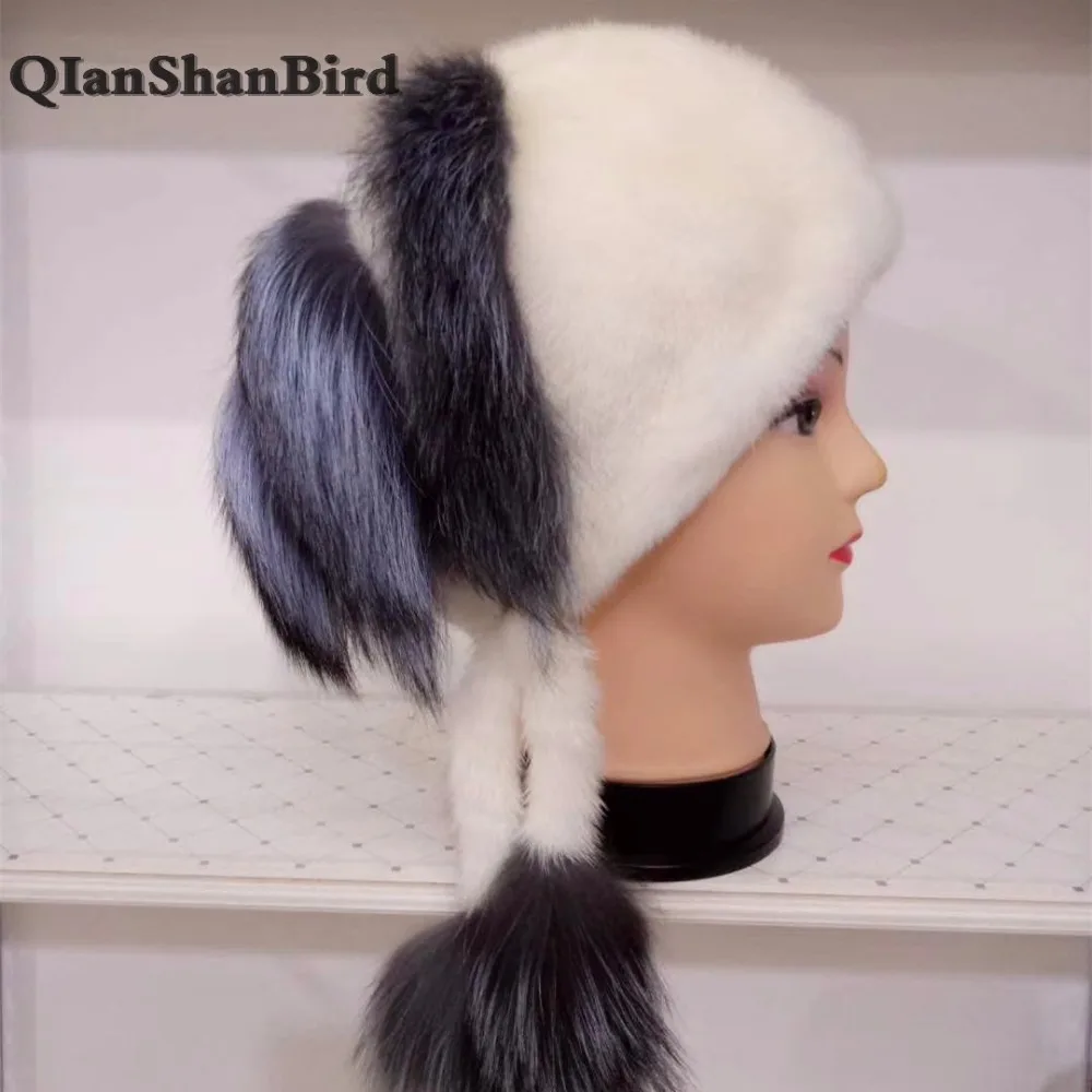 2018 New Style Women Mink Fur Hats with Silver Fox Stripes Real Tails High Quality 100% Caps | Аксессуары для одежды