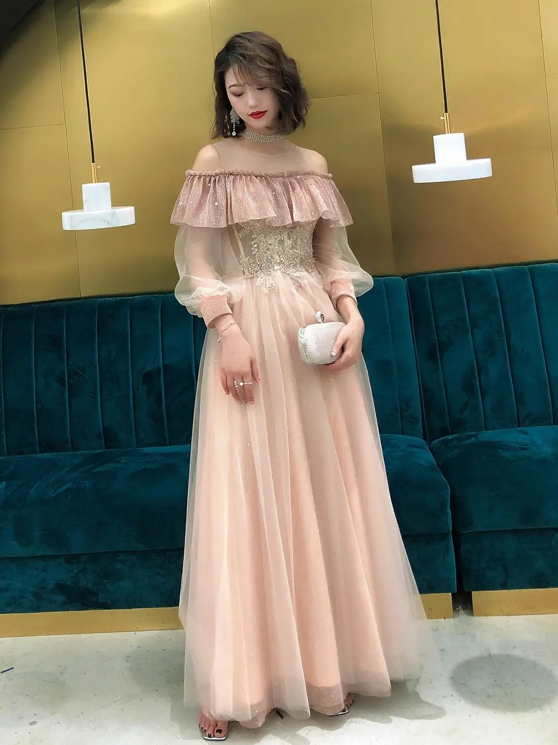 Блестящие банкетные платья Сетчатое шифоновое длинное платье с круглым вырезом