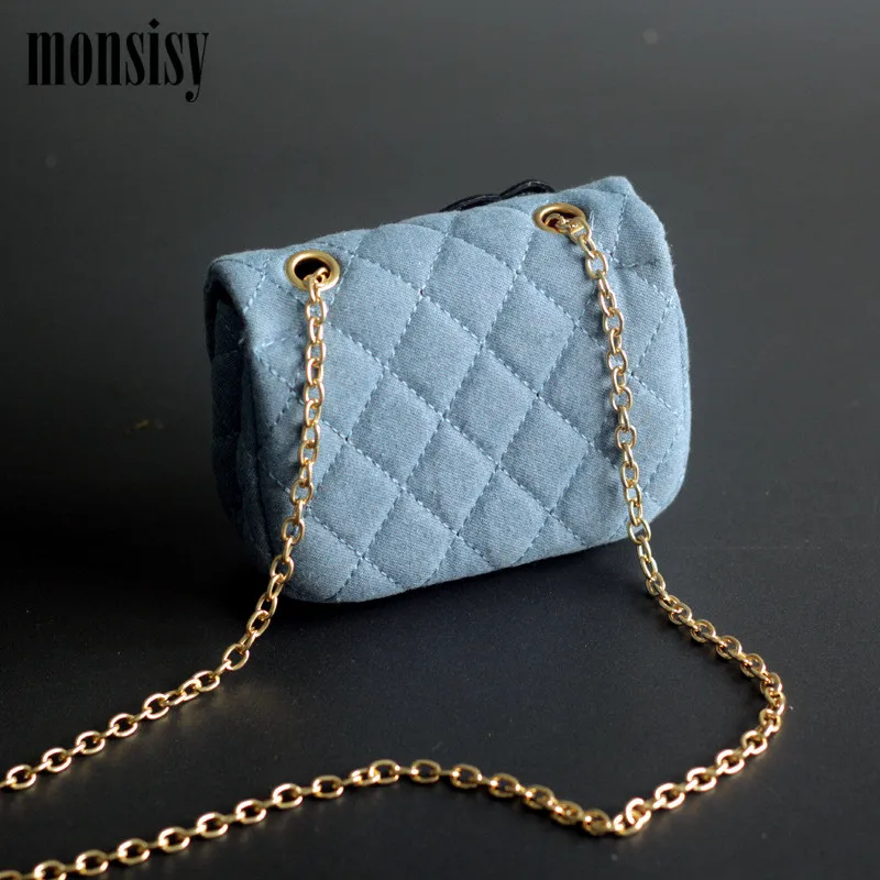 Monsisy Denim Girl Handbag Kid Shoulder Bag Children Wallet Baby Coin Purse Kawaii Small Embroidery badge Diamond Lattice |