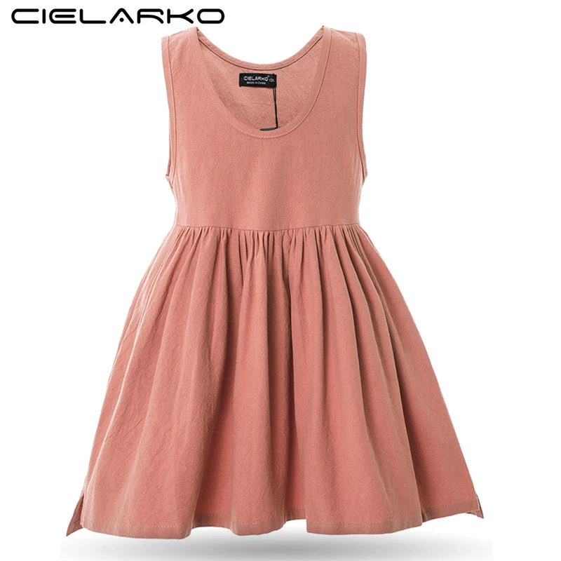 Cielarko Girl Cotton Dress Summer School Basic Kids Clothes Dresses Sleeveless Solid Children Classic with Pocket | Детская одежда и