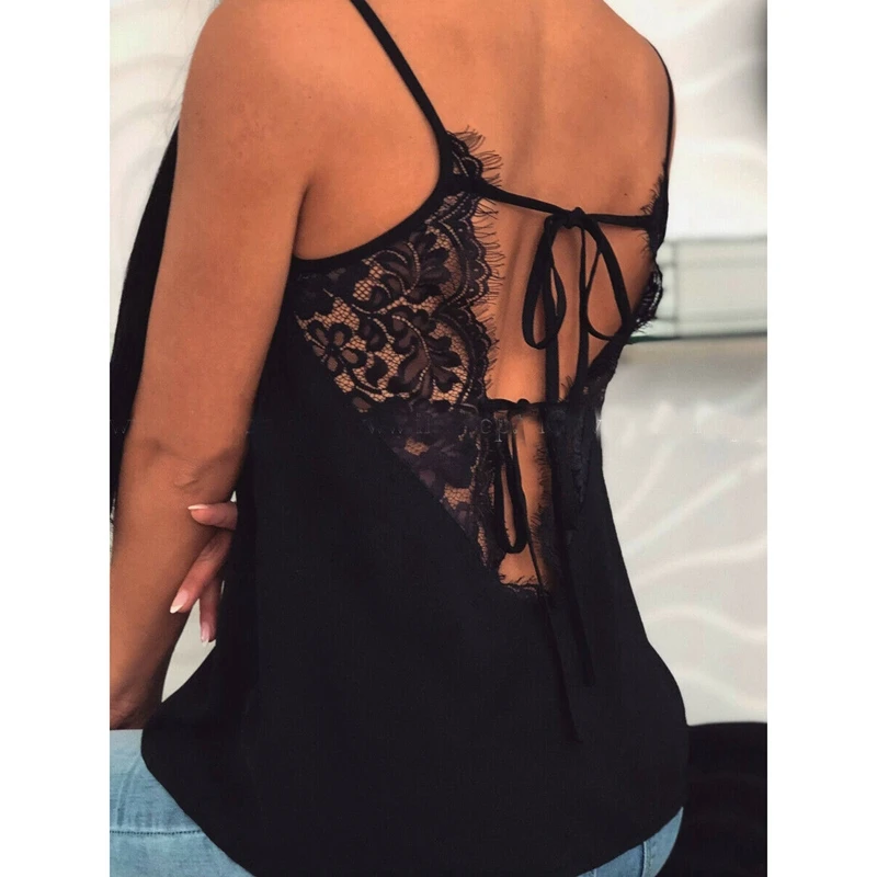 Женский Атласный топ без рукавов кружевной с v образным вырезом и открытой спиной