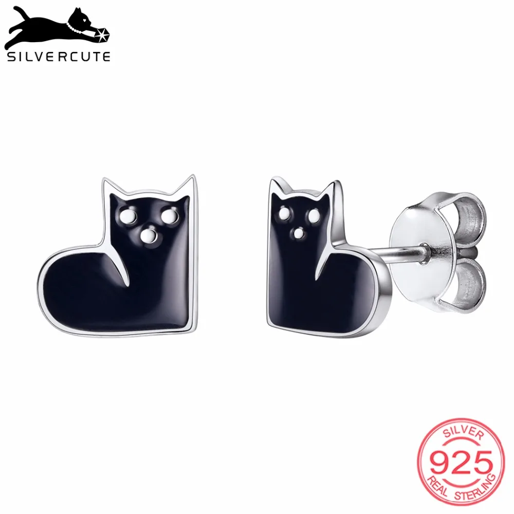 SILVERCUTE черные эмалированные серьги-гвоздики для кошек женщин девочек ювелирные