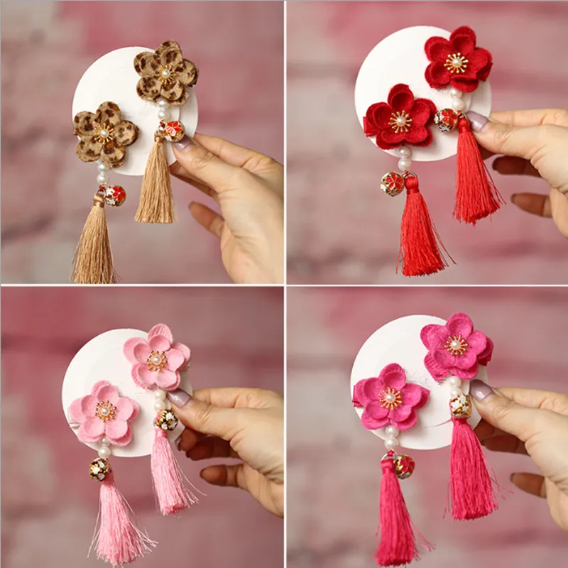 

4pairs/lot Chinese Style Plum Blossom Hair Clips Sweet Red Wintersweet Flower Girls Hair Barrette Floral New Year Hairpin Grips
