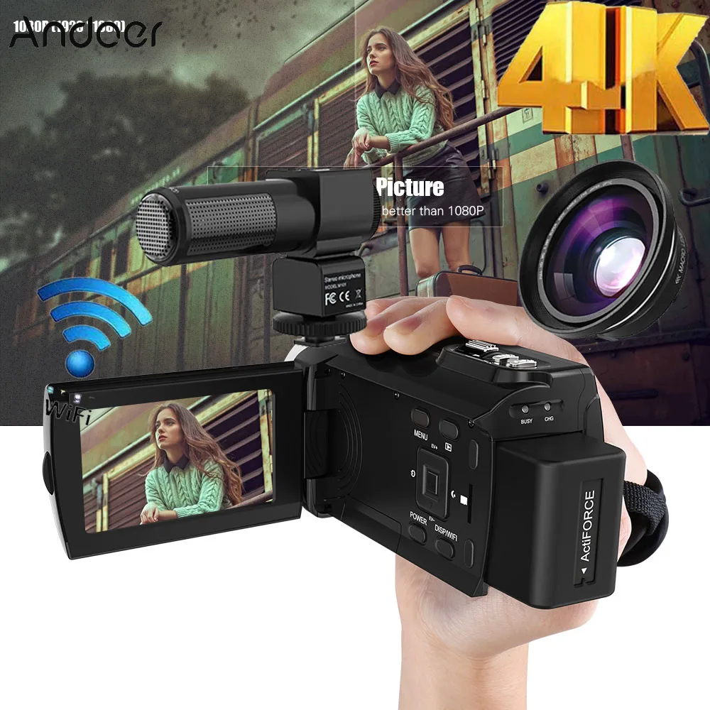 Andoer 4K 1080P 48MP WiFi Профессиональная цифровая видеокамера регистратор w/0.39X широкоугольный Макро Лен внешний микрофон