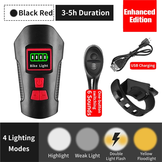 Enhanced Black Red WEST BIKING Многофункциональный велосипедный светильник USB Перезаряжаемый велосипедный компьютер с электрическим рогом звонок на руле велосипеда велосипедный головной светильник - Цвет: Enhanced Black Red