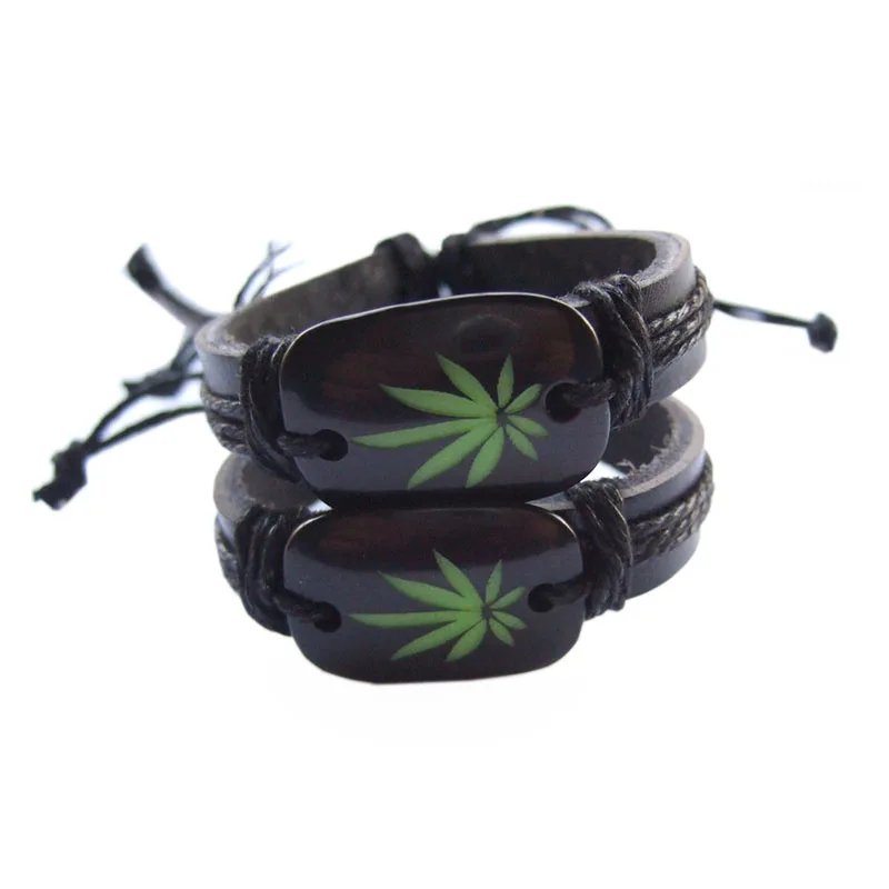 1 шт. черный кожаный браслет зеленый лист конопли шарм браслеты и для женщин|wristband