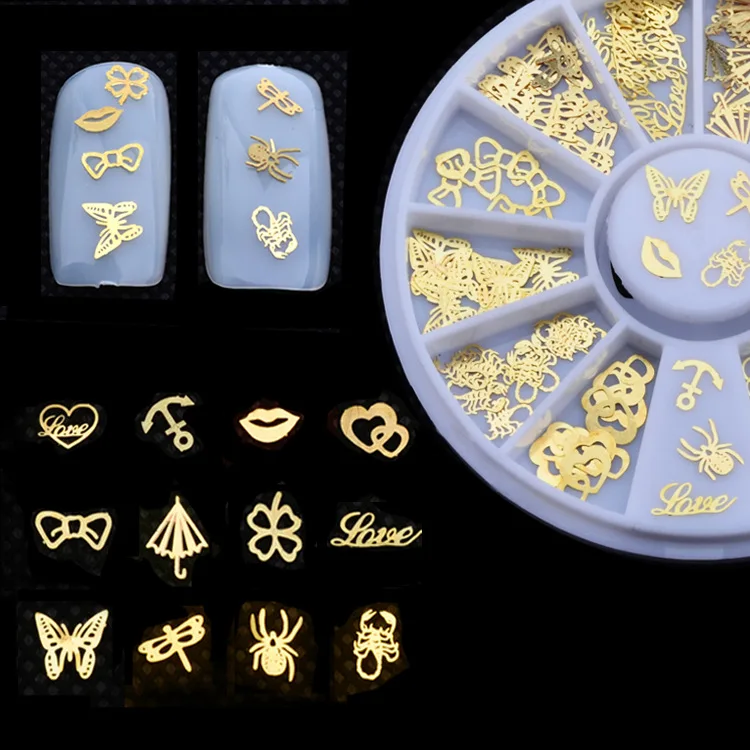 

Gold Metal Slices 3d Nail Art Decoration Wheel 120pcs/set Christmas Mix Design Manicure Nail Accessories