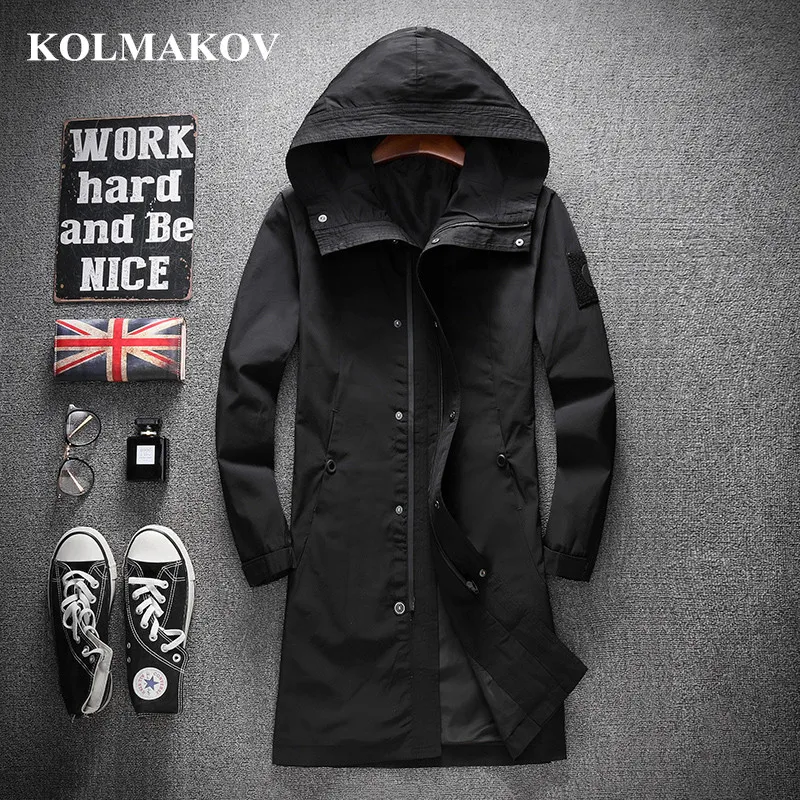 

KOLMAKOV New Trench Coats Men 2019 Spring Men's Casual Trench Coat M-4XL Hooded Windbreakers Male Waterproof Long Jackets men