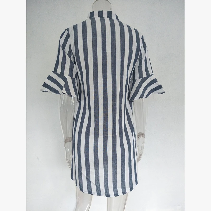 Women Horn Sleeve Striped Half Tops V-Neck Office Lady Long Blouse Ladies Trumpet Shirt Top |