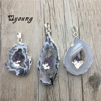 natural agates druzy geode slice necklace pendant with amethysts point embedded my0016
