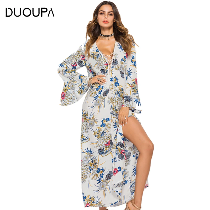 DUOUPA летнее платье Для женщин 2019 Sexy v образным вырезом свободные с цветочным