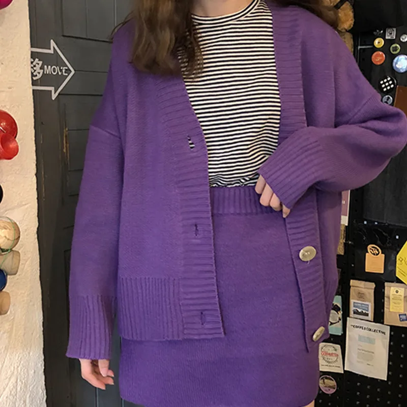 2019 Women Sweater And Skirt Set 2 pieces autumn cardigans+a line Skirts Slim Long Sleeve Knitted Suit Sets Q347 | Женская одежда