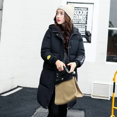 Пальто женское зимнее хлопковое однотонное с длинным рукавом и капюшоном