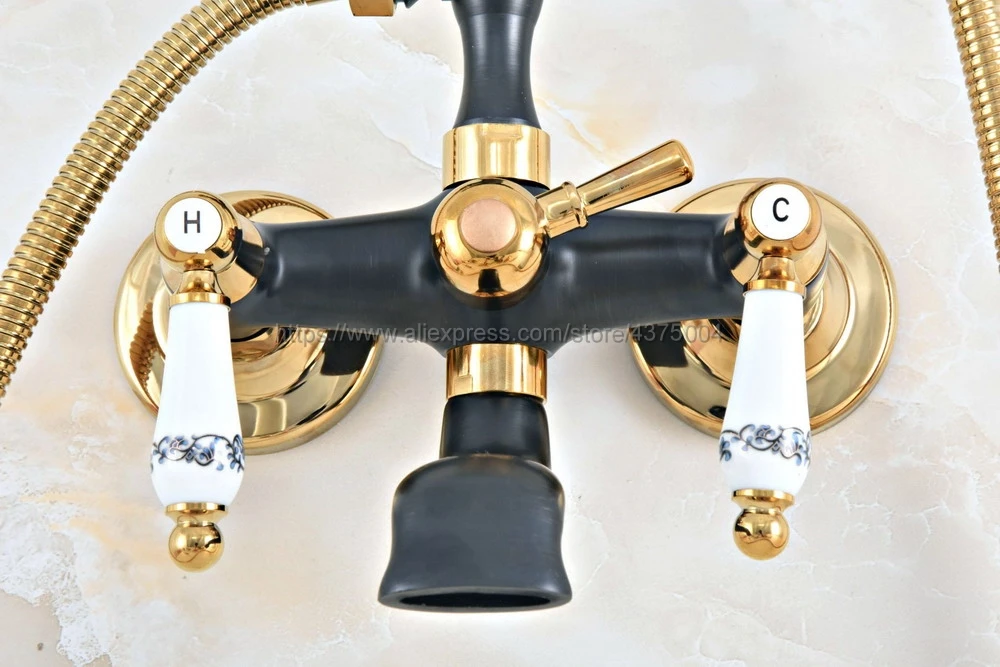 Bathtub Faucets Black Gold Brass Shower Dual Handle Wall Mounted Bath And Faucet With Handheld Showers Ntf06 | Обустройство дома