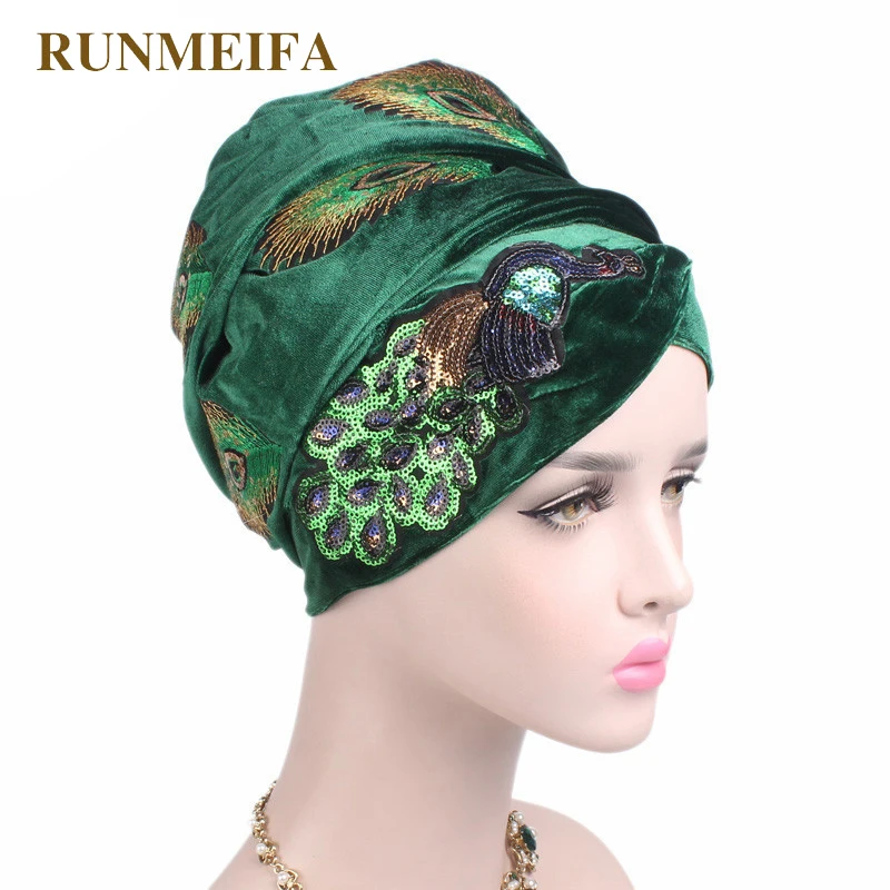 New design Muslim Skullies & Beanies velvet scarf cap for ladies luxury brand head scarf peacock embroidery African wrap hat