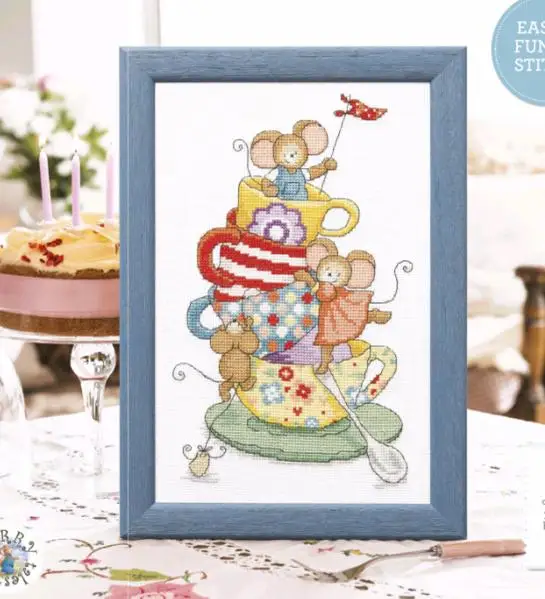 

Teacup mouse cross stitch kit DMC brand thread animal dog count canvas fabric embroidery handmade needlework craft