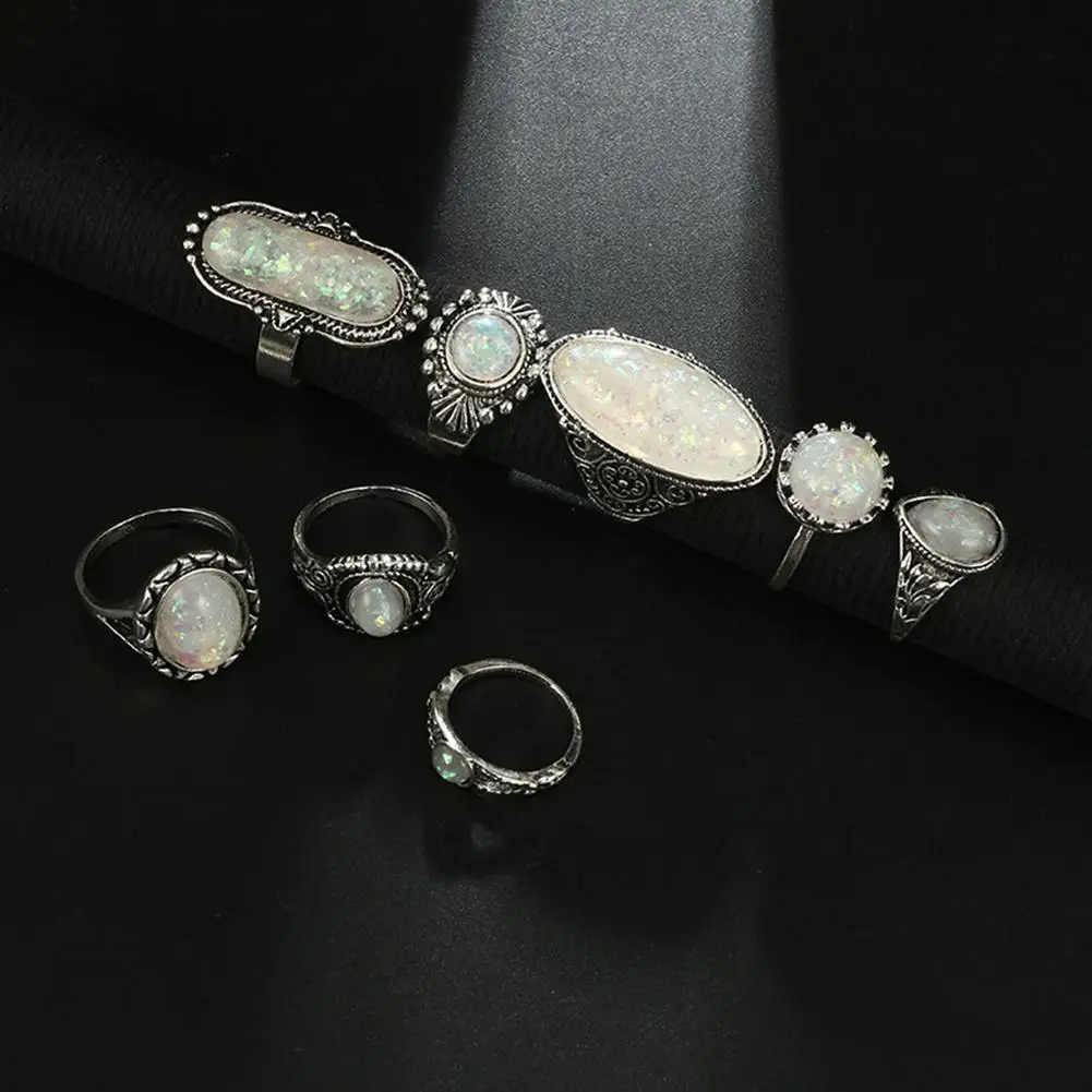 mrwonder 8pcs/set Geometric Pattern Crystal Rings Set Simulate Opal for Women Party Supplies san0 | Украшения и аксессуары