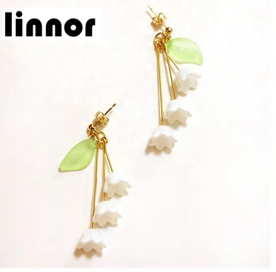 Linnor 2017 белые серьги в виде цветка Эмаль Лилия зеленые листья Brincos для милых женщин
