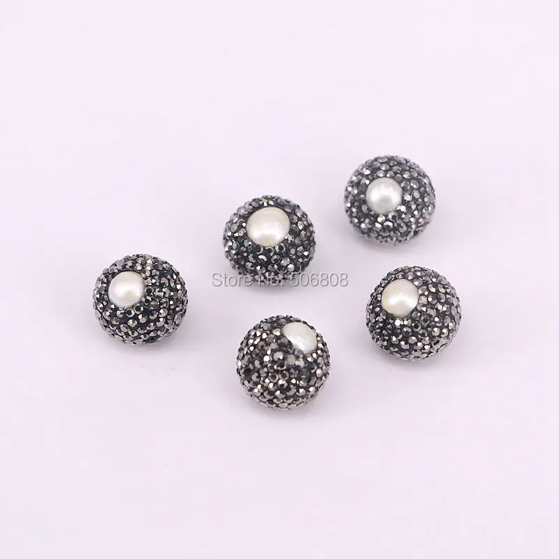 12PCS Natural pearl beads round ball shape side hole pave black rhinestone crystal fashion jewelry ZYZ160-9902 | Украшения и
