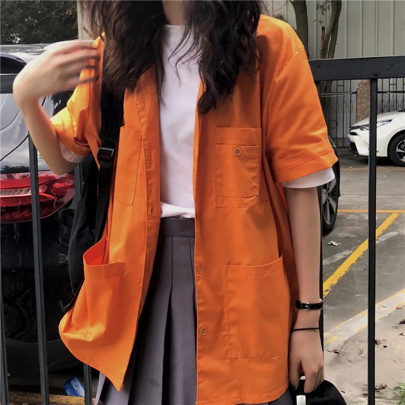 fashion brand Korean loose Safari style pockets short sleeve turn-down collar Blouses Shirts Women's Clothing summer new tops |