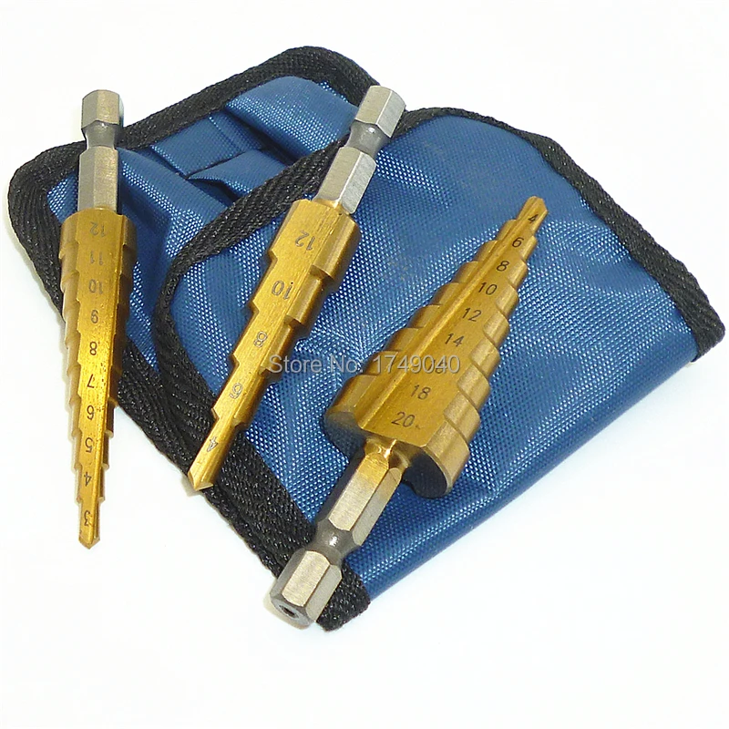 

3 Piece Step Cone Drill Bit 1/4" Hex Shank HSS Titanium Coated Metal Drill Bits Hole Cutter Tool Set 3mm-12mm 4mm-12mm 4mm-20mm