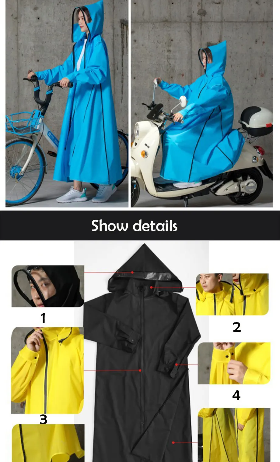 Hot Sale EVA Raincoat Women/Men Zipper Hooded Poncho Motorcycle Rainwear Long Style Hiking Poncho Environmental Rain Jacket