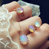 vintage opal jewelry sets for woman pendant necklaces choker water drop earrings ring gold color bohemia wedding gifts