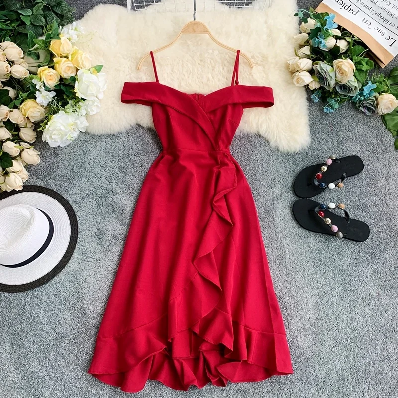 ALPHALMODA женское изящное плиссированное платье с открытыми плечами, тонкое асимметричное платье на бретельках, Летнее Платье До Колена