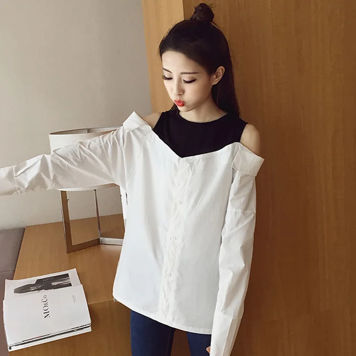 luxury brand designer spring autumn style blouse women Sexy white blouses lady shirts Fake two-piece off shoulder top blusas |