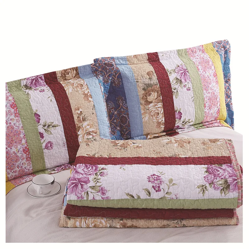 

FAMVOTAR Vibrant Floral Patchwork Quilt Set 100% Cotton Bedspread Embroidered Stitching Coverlet Set Ultra Soft Stripe Quilts