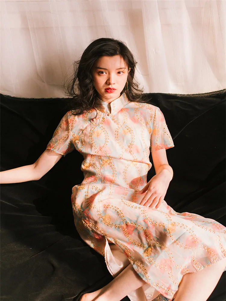 Роскошное женское элегантное винтажное платье-Чонсам с цветочной вышивкой во