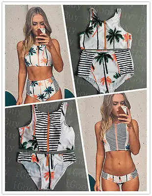 Женский купальник с принтом листьев на молнии высокой горловиной бикини талией