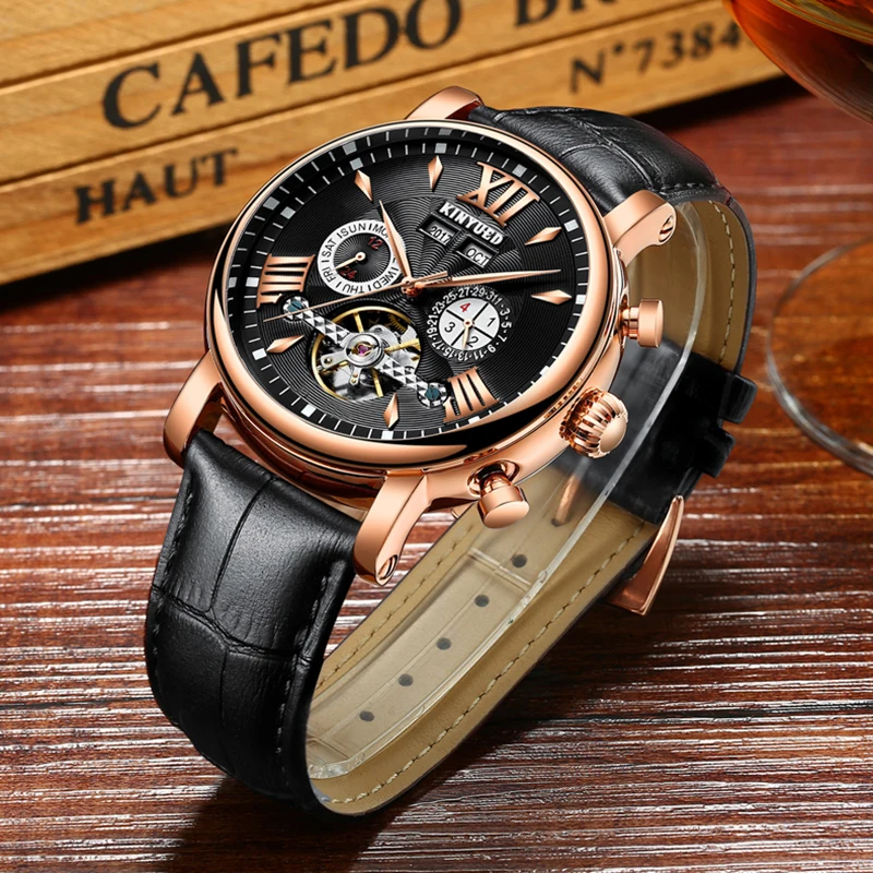 KINYUED Relogio Masculino Perpetual Calendar Tourbillon механические часы для мужчин из кожи розового