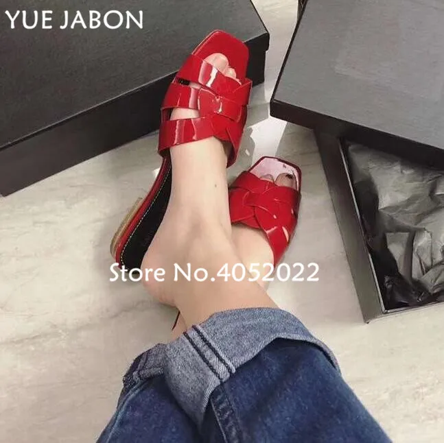 Шлепанцы женские из натуральной кожи блестящие туфли лодочки плоская подошва