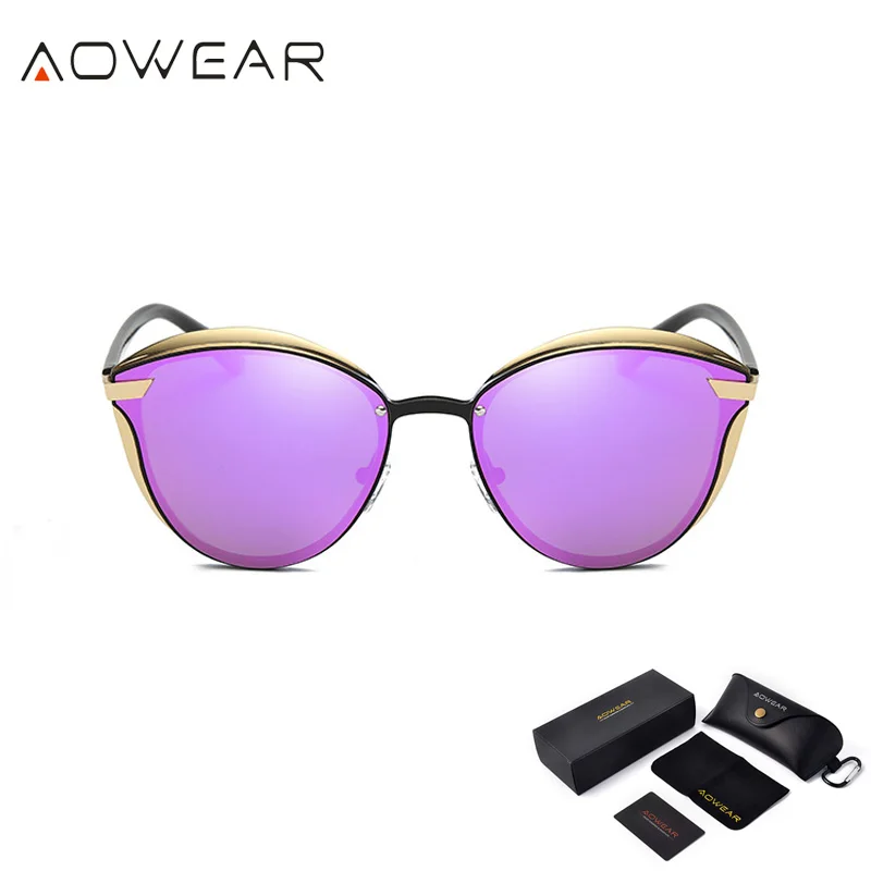 Gold Purple AOWEAR, модные, кошачий глаз, солнцезащитные очки, женские, поляризационные, Роскошные, качественные, зеркальные, кошачий глаз, солнцезащитные очки, для девушек, UV400, защита для глаз, оттенки - Цвет линз: Gold Purple