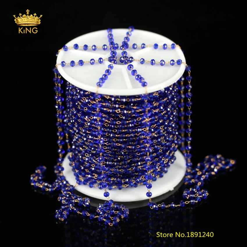 

5Meters 2x3mm Transparent Dark Blue Glass Faceted Rondelle Beads Rosary Chains Wire Wrapped Plated Brass Links Chains Bulk ZJ111