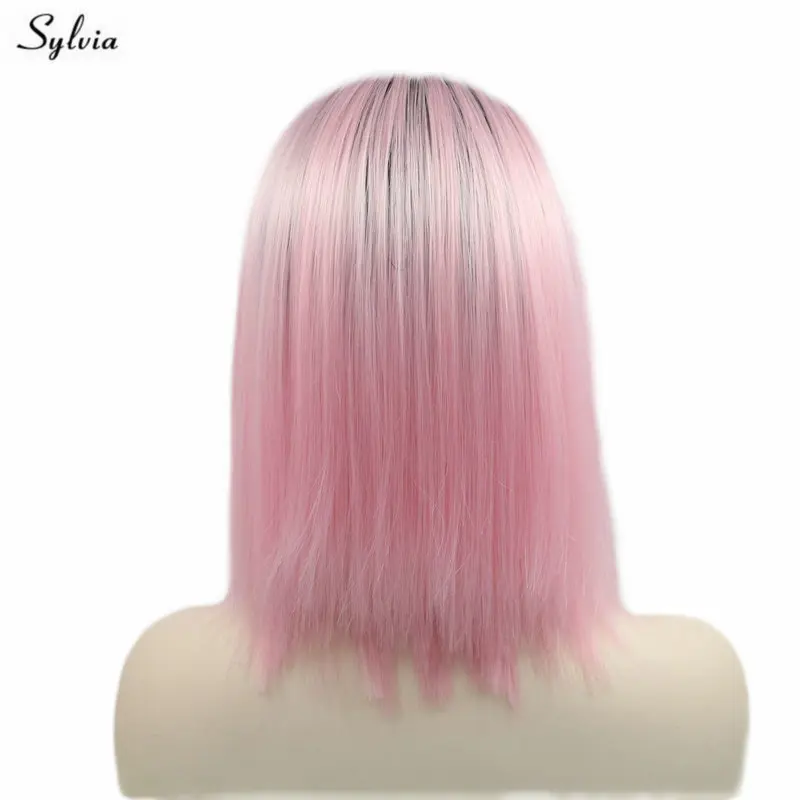 Sylvia Heat Resistant Fiber Dark Roots Pink Wig Short Straight Bob Synthetic Lace Front For Women Cosplay Middle Part | Шиньоны и