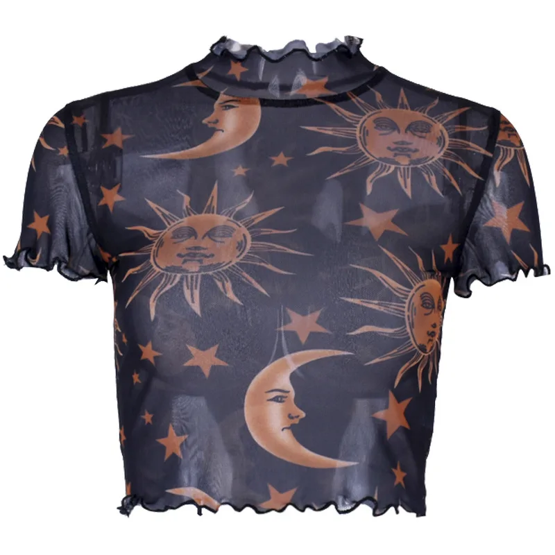 Женская Сетчатая футболка Sun Moon Star летняя прозрачная укороченная Футболка с