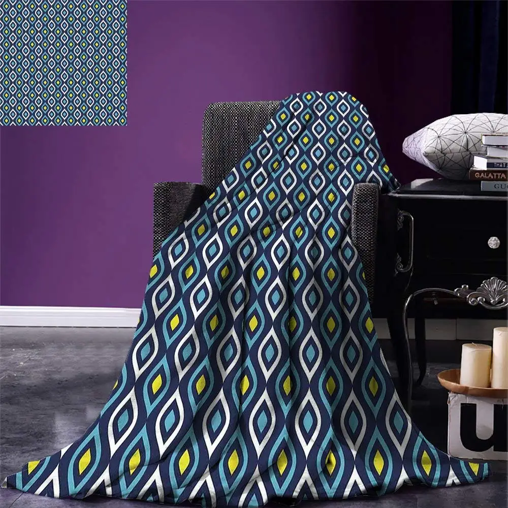 Navy Throw Abstract Leaf Form with Inner Circle Spots in Vibrant Tones Hippie Pattern Warm Microfiber Blanket | Дом и сад