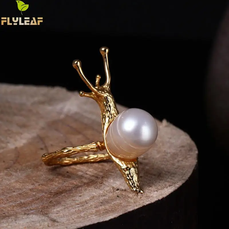 

Flyleaf Brand 925 Sterling Silver Golden Snail Open Freshwater Pearls Rings For Women High Quality Lady Fashion Jewelry