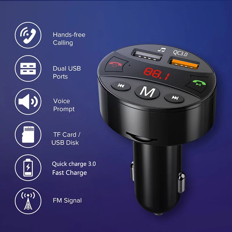 Handsfree Bluetooth Car Kit 5V 2.1A Wireless FM Transmitter QC 3.0 Dual USB Charger Audio MP3 Player With 32GB memory function | Автомобили